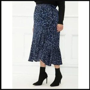 Eloquii Elements Blue Animal Print Faux Wrap Ruffle Midi Skirt Size 22